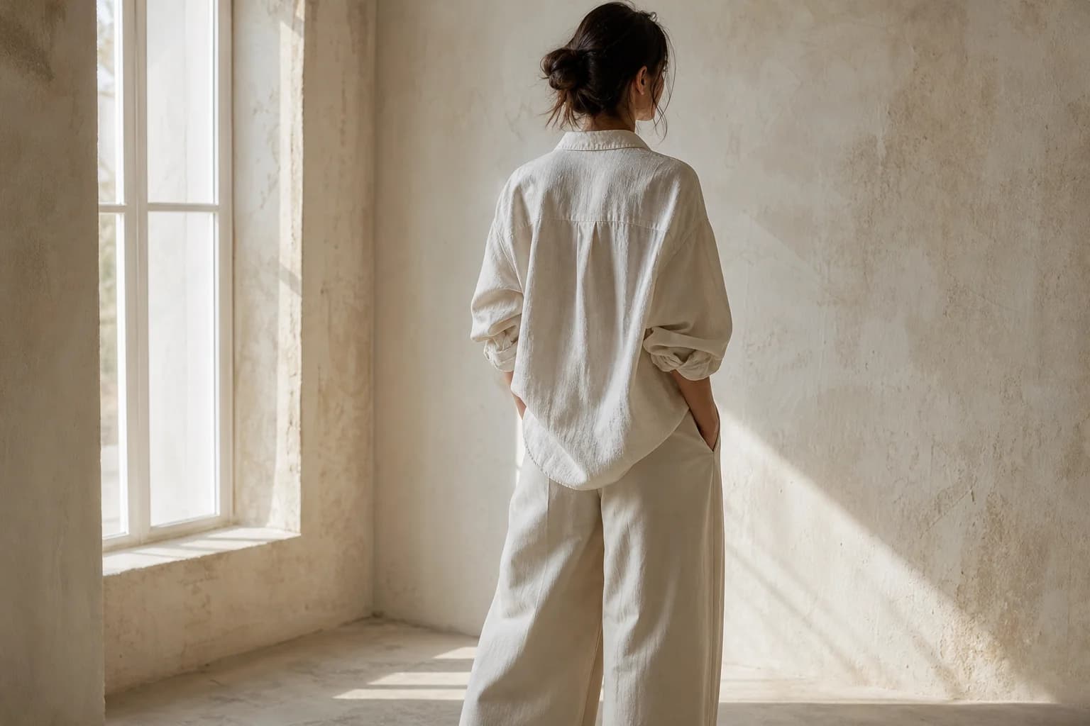 A woman in an oversized ivory linen shirt and wide trousers in a sunlit plaster room